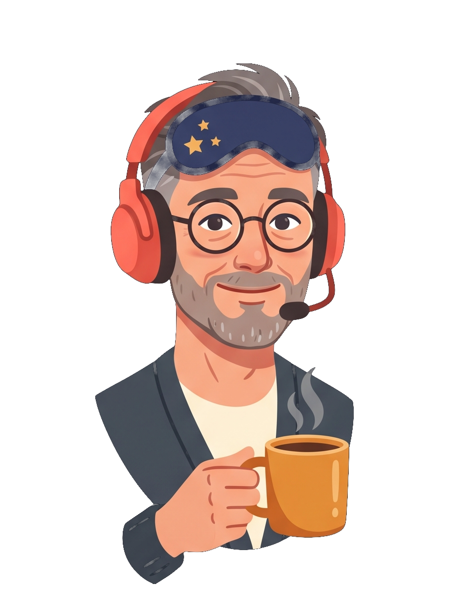 Remy awake, listening with a coffee
